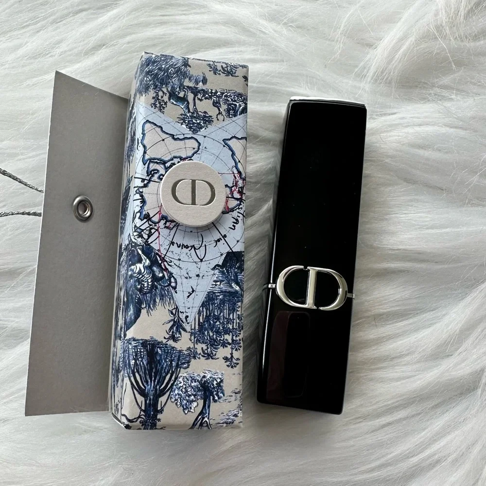 Dior Blue and White Patterned Box with Silver Clasp, red lipstick novelty.